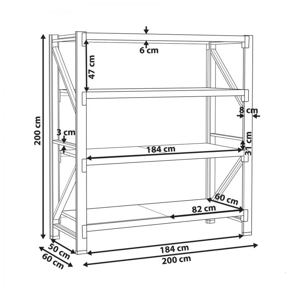 מדף תעשייתי 200×198.5×60 ס"מ · 4 קומות · 200 ק"ג לקומה | Apextone WR-BLC-20020060 – תמונה 2